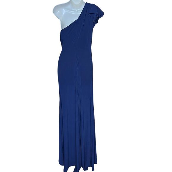 Mac Duggal Ruffle One-Shoulder Jersey Gown in Navy NWT Size 4 - Picture 7 of 10